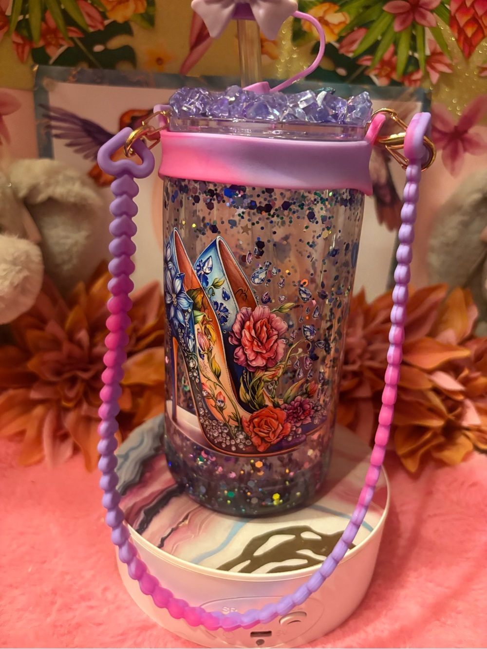 Glitter Floral High Heel Tumbler - Purple Pink Accent